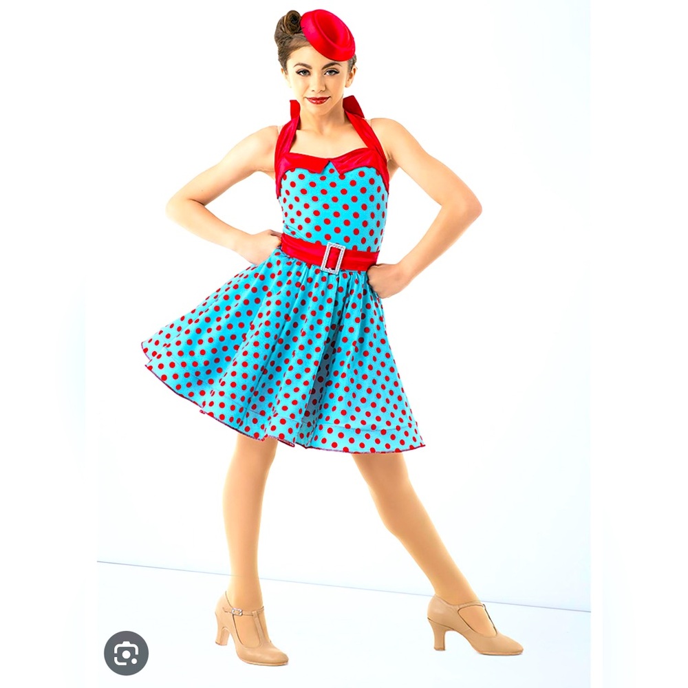 Dance or Halloween costume. Retro swing polka dot. Fits sz 8-10. Plus hat.